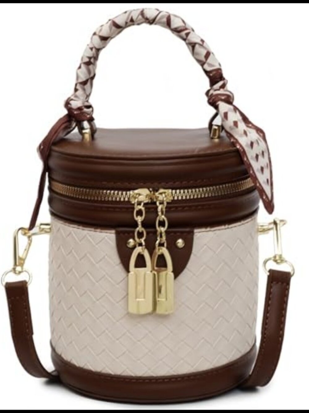 Woven Vegan Leather Mini Bucket Crossbody Bag with Scarf Handle